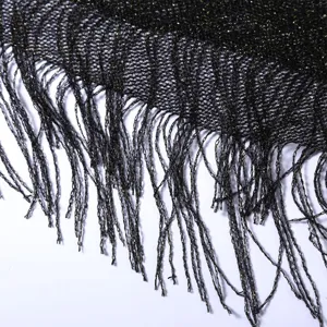 Close-up detail of black shimmering metallic fringe shawl mesh fabric texture, summer.