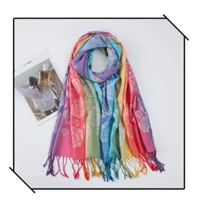 Colorful rainbow gradient long scarf with delicate rose pattern and stylish fringe tassels.