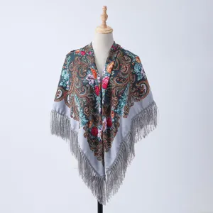 Beautiful ethnic floral fringe shawl for women, stylish vintage printed wrap and warm scarf.