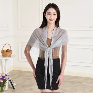 Women's silver shimmering fringe shawl hollow out cape short triangle scarf for spring summer
