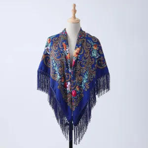 Ethnic style floral print fringe shawl women autumn winter warm scarf vintage cape wrap.