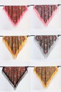 Ethnic floral print square scarf fringe winter warm shawl vintage style headscarf women new