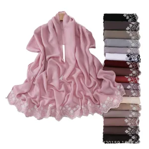 Women Floral Embroidery Chiffon Scarf Lightweight Pearl Glossy Long Shawl Sun Protection Scarf For Ladies Fashion
