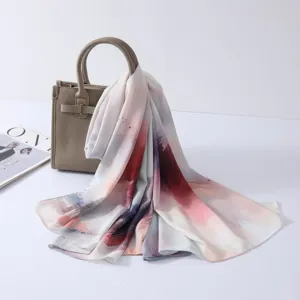 Watercolor print satin polyester long scarf for women, elegant fashion shawl and headscarf.