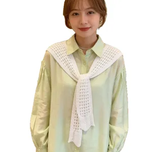 Women white hollow-out knit shawl fake collar, stylish layering accessory for spring summer.