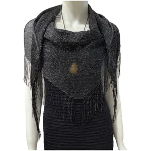 Close-up detail of the shimmering metallic knit fringe shawl, showing the mesh texture.