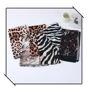 Assorted animal print satin long scarves set featuring leopard, zebra, and snake patterns.