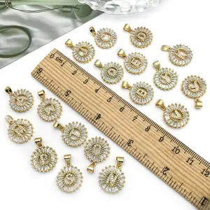 KC gold plated rhinestone letter charms round DIY pendant necklace jewelry making accessories