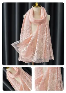 Pink lace headscarf detail view, elegant hollow floral pattern for women daily fashion wear.