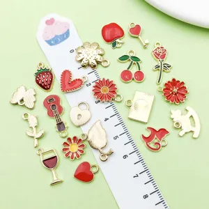 Mixed red enamel alloy flower fruit pendants charms for DIY handmade bracelets necklaces jewelry.
