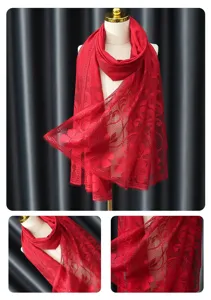 Red lace headscarf for women, fashionable floral veil scarf for elegant daily wear.