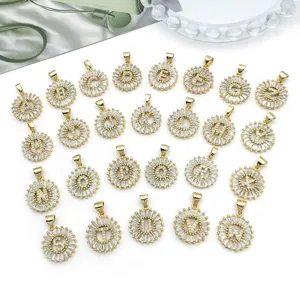 Gold plated rhinestone letter charms A-Z round pendant for DIY necklace bracelet jewelry making.