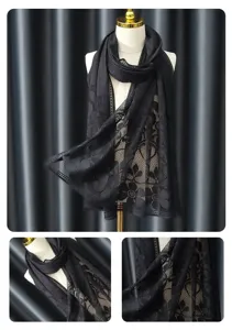 Close-up details of the black lace floral scarf, showing delicate hollow-out texture and drape.