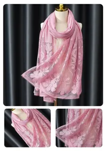Detailed view of women pink lace floral scarf, lightweight breathable fabric shawl wrap.