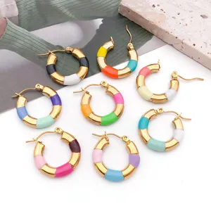 Detailed view of colorful enamel stainless steel bamboo hoop earrings with vibrant segments.