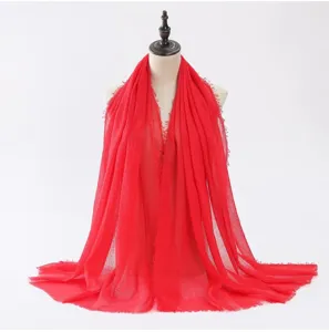 Écharpe unie rouge en coton et lin, grand châle à franges pour femme automne hiver.