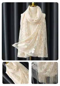 Beige lace women scarf delicate floral mesh veil stylish head covering fringe design detail