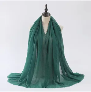 Écharpe unie en coton et lin vert pour femmes, grand châle d'hiver avec des franges.