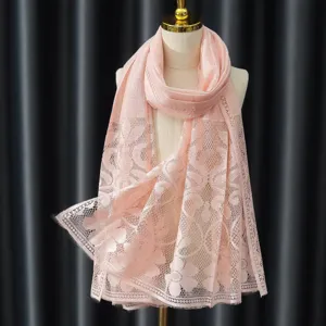 Women's Fashion Pink Lace Scarf Hijab Lightweight Shawl Elegant Head Cover Accessory