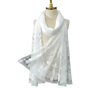 Elegant white lace scarf for women, fashionable floral pattern veil and shawl for daily wear.