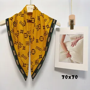 Silk-like square scarf with classic monogram print, elegant women decorative neckerchief 70x70cm