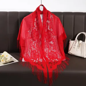 Red lace shawl scarf with fringe hollow out triangle breathable cape for women daily fashion.