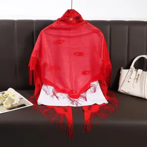 Red lace triangular scarf hollow out fringe breathable solid color stylish versatile shawl women