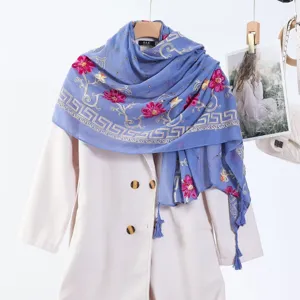 Blue floral embroidered scarf shawl with hot-fix rhinestones, tassels, and elegant design.