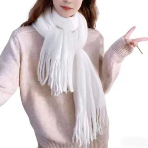 Solid white knitted furry fringe scarf for women, cozy autumn winter warm fashion accessory.