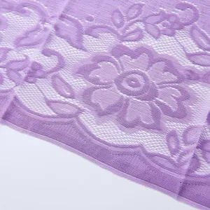 Purple lace fabric detail shot, elegant floral hollow-out mesh texture for women's shawl.