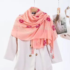 Pink embroidered tassel shawl scarf with rhinestones, elegant floral design for women.
