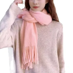 Cozy pink knitted tassel scarf for women winter warm fashion casual solid color neck wrap