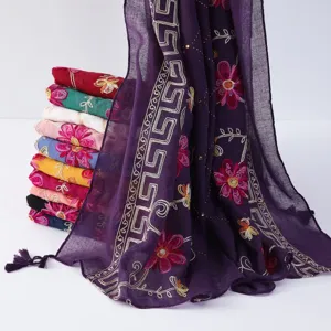 Cotton linen embroidered hot drill tassel shawl scarf detail view travel fashion accessory