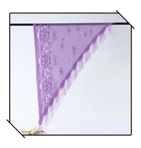 Detailed view of purple lace triangular scarf featuring delicate fringe and floral pattern.
