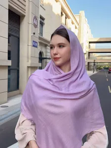 Purple linen textured hijab detail shot, breathable lightweight shawl for daily wear.