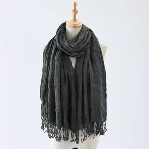Women's dark gray cotton linen crinkle fringe scarf fashion winter warm shawl wrap.