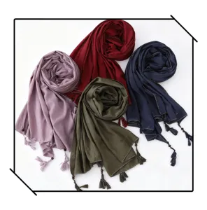 Elegant tassel beaded long scarf shawl with silver wire rolled edge, fashion hijab for women.