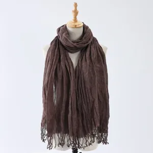 Brown cotton linen wrinkled scarf with tassel, warm winter fashion shawl for women.