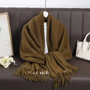Autumn winter long solid color imitation cashmere fringed scarf versatile warm shawl for women.