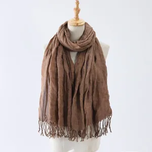 Women solid brown crinkled scarf with fringe tassel, elegant autumn winter fashion neckerchief