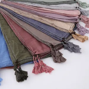 Detailed view of fashionable beaded tassel scarves with silver rolled edges, multi-color hijab.