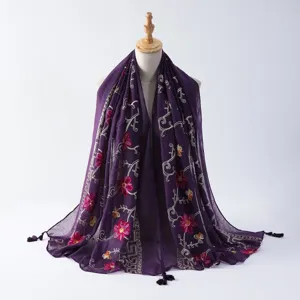 Purple embroidered sequin tassel scarf shawl, elegant floral design for daily wear.