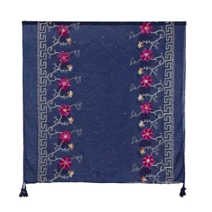 Blue embroidered floral fringe shawl scarf for women, lightweight cotton linen wrap for travel beach.