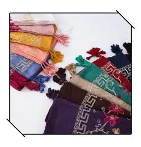 Detailed view of colorful tassel embroidered cotton linen scarves, showcasing exquisite patterns.