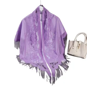 Purple lace triangular shawl with fringe hollow breathable scarf for women fashion