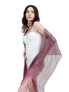 Shimmery metallic fringe shawl for women, elegant evening party wrap and stylish sun protection scarf.