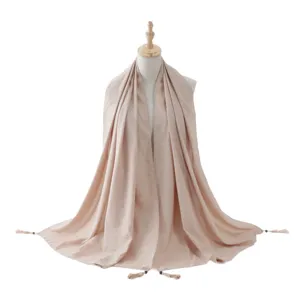 Elegant tassel beaded long scarf with silver wire rolled edge, versatile fashion hijab shawl.