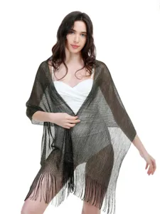 Metallic fringe shawl for women, sparkling evening cape, stylish sun protection scarf.
