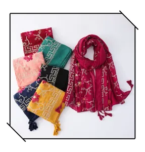 New embroidered tassel scarf women floral hijab cotton linen travel long wrap shawl