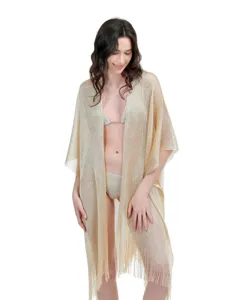 Women metallic yarn beach cover up shawl with fringe sexy shimmering swimwear resort wear